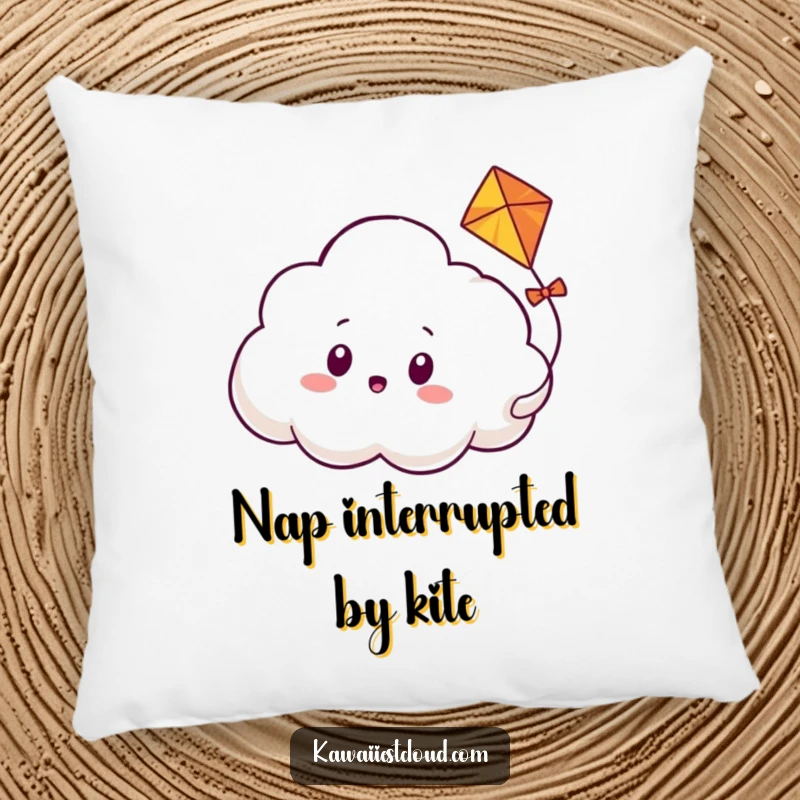 Funny pillow featuring a cloud character looking surprised while a small, friendly kite weaves playfully through its soft, fluffy form.