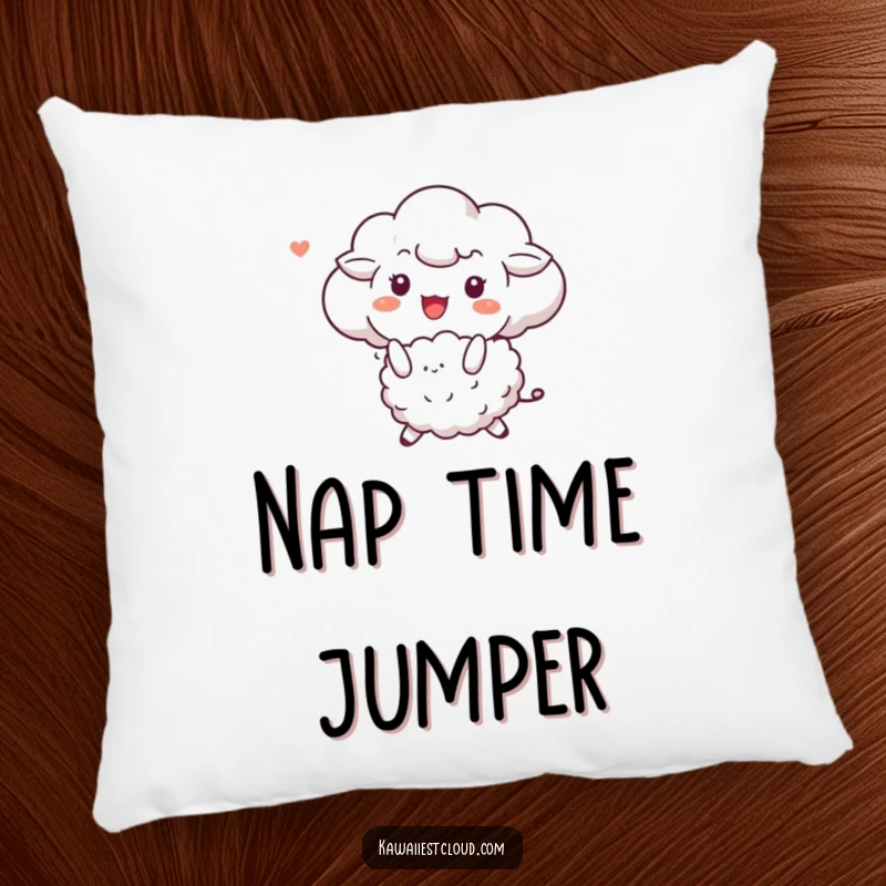 Funny pillow featuring a joyful cloud character bouncing a fluffy sheep, offering comfort and a touch of playful charm.