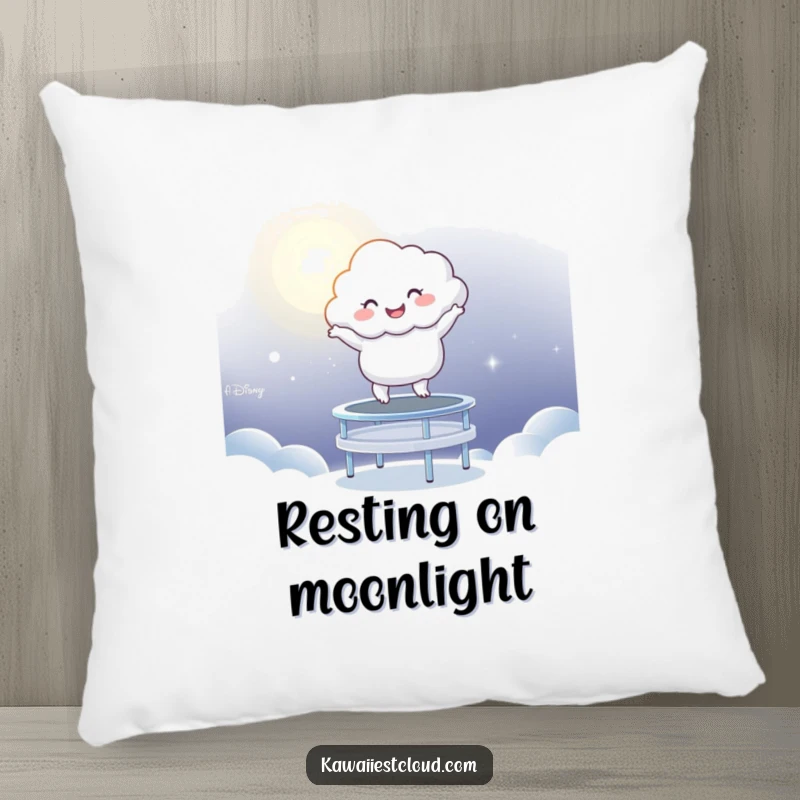 Funny Pillow: A smiling cloud character captured mid-air while bouncing on a luminous trampoline made of moonlight.