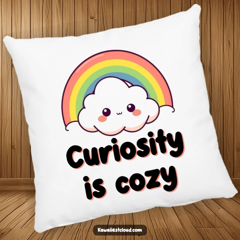 Funny curious cloud pillow with a character peeking from behind a vibrant rainbow, offering playful charm and cozy comfort.