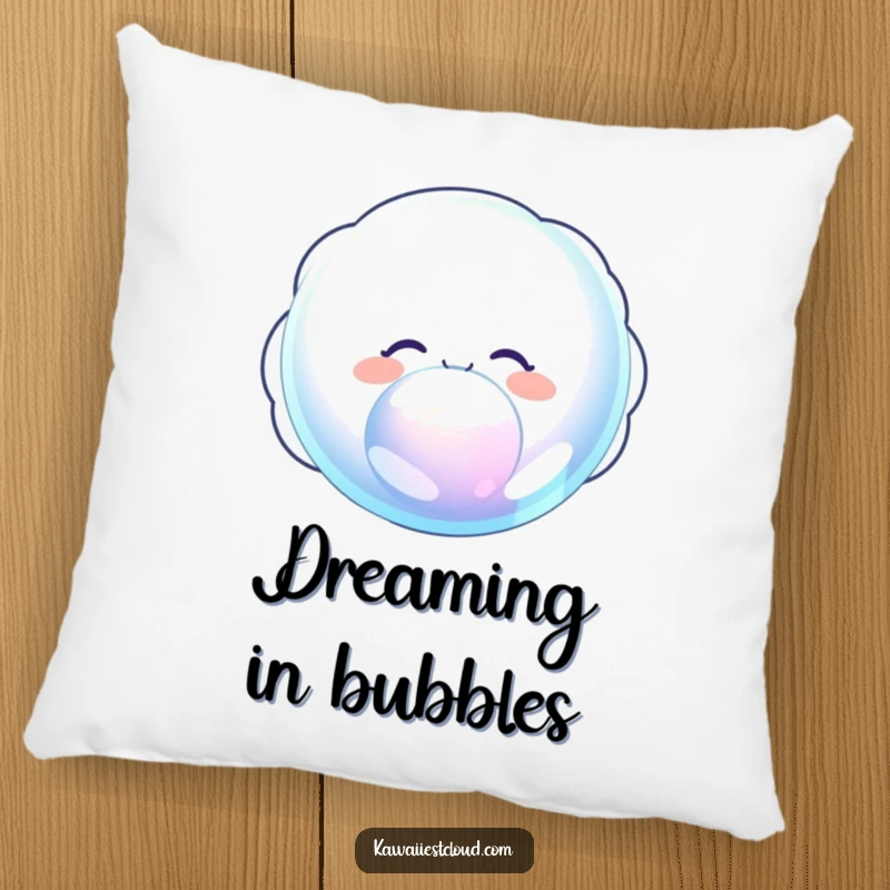Funny pillow showing a delighted cloud character blowing a giant, iridescent bubble, perfect for a cozy and whimsical touch.