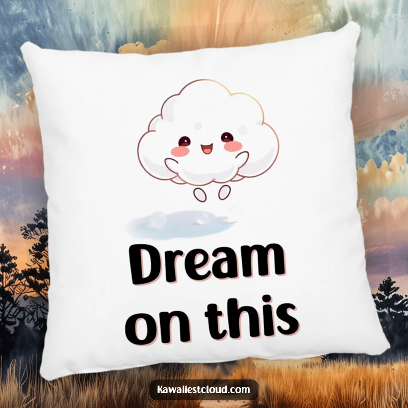 Funny pillow showing a happy cloud character joyfully bouncing on a shimmering, ethereal surface, perfect for a cozy touch.