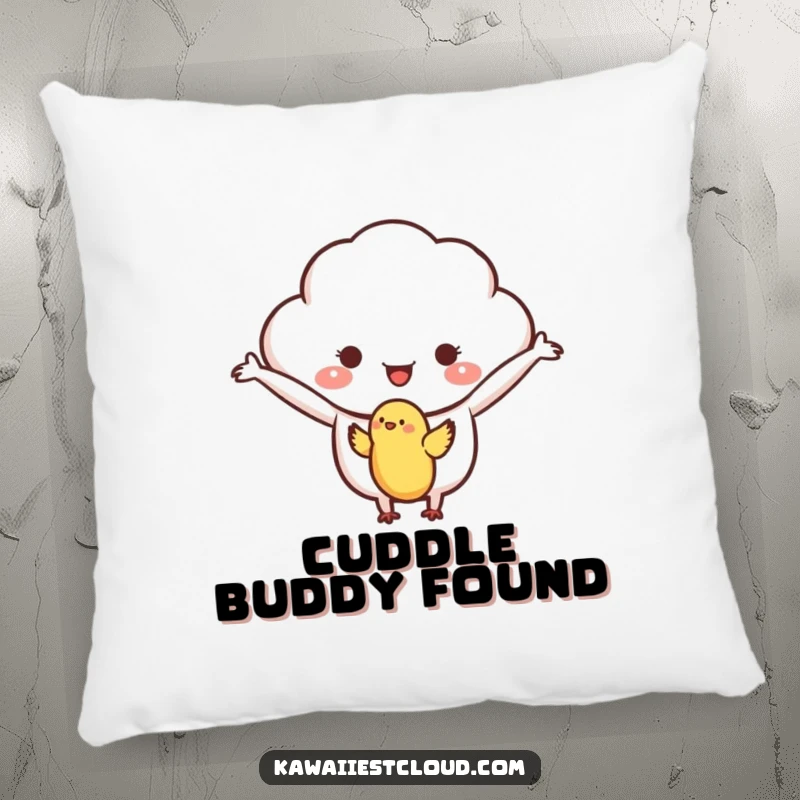 Funny pillow featuring a kind cloud character with outstretched arms, warmly welcoming a small bird, creating a cozy atmosphere.