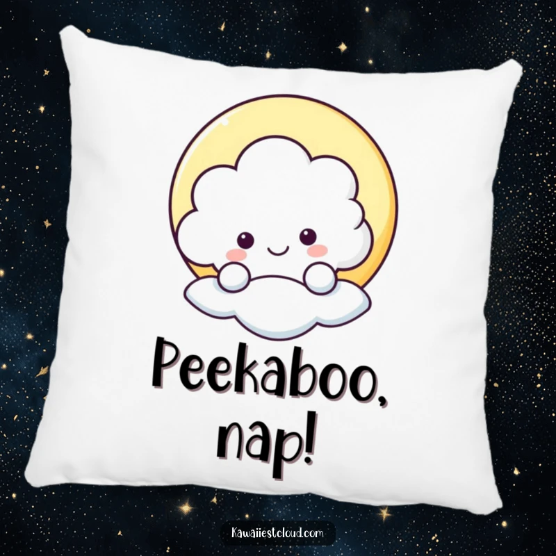 Funny accent pillow with a cheerful cloud character peeking from behind a star, providing comfort and a humorous touch.