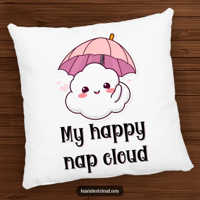 Funny accent pillow featuring a cloud character sighing happily with an umbrella, offering comfort and serene humor.