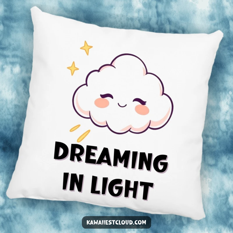 Funny winking cloud character leaving a trail of light on a plush pillow, adding cozy magic.