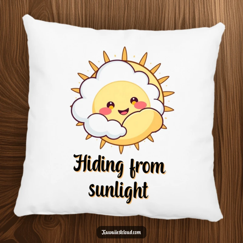 Funny Pillow: Cute cloud character with a happy, wide grin peeking from behind a large sun, adding cozy cheer.