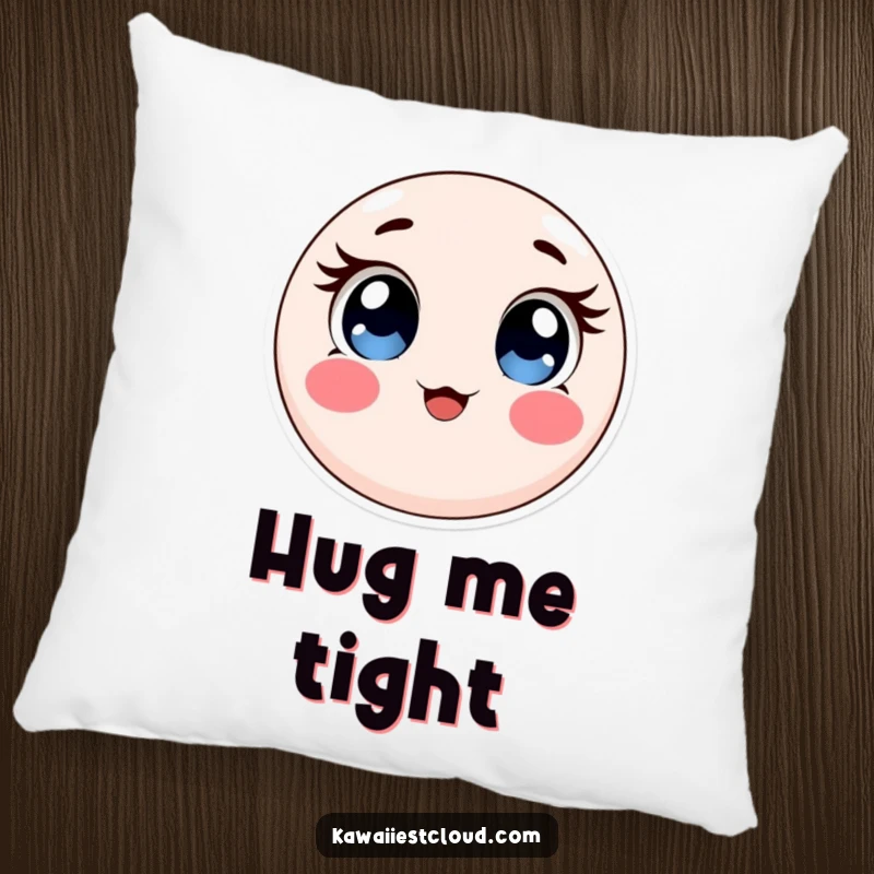Funny pillow with a round, soft object featuring large, expressive eyes and rosy cheeks, perfect for adding adorable comfort.