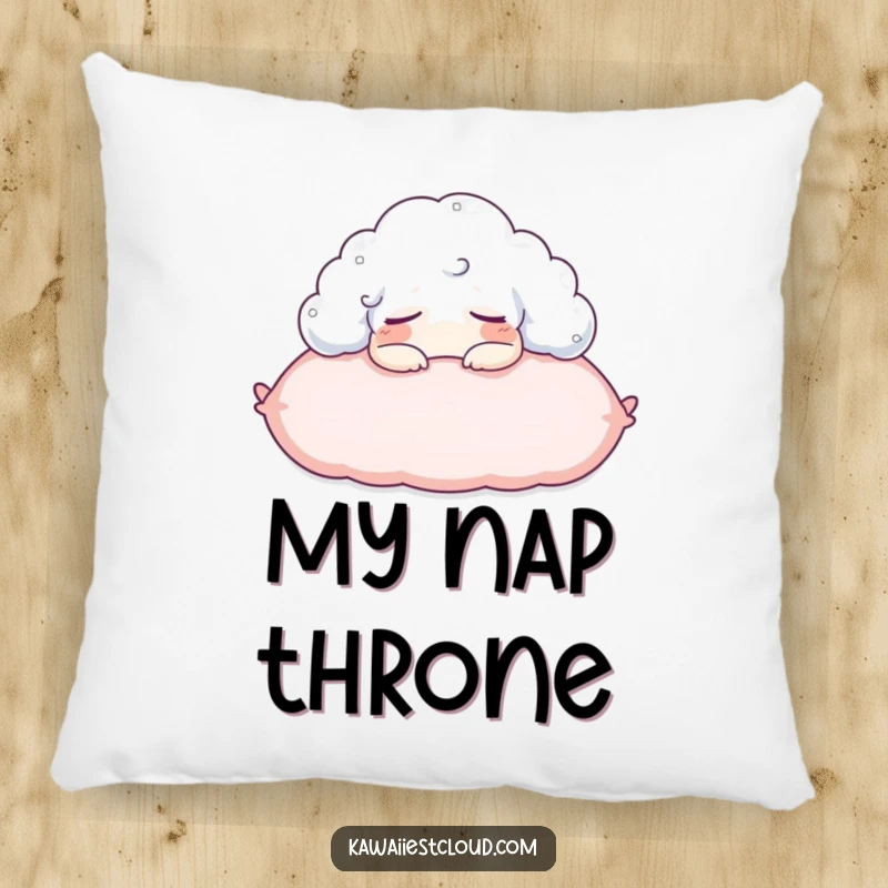 Funny accent pillow featuring a cloud character napping on a soft pillow, providing comfort and sleep-themed humor.