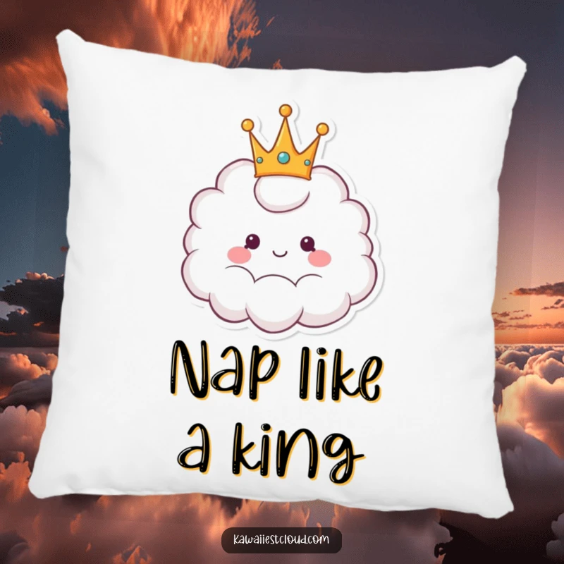 Funny pillow featuring a smiling cartoon cloud wearing a fluffy crown, designed for a cozy and humorous feel.