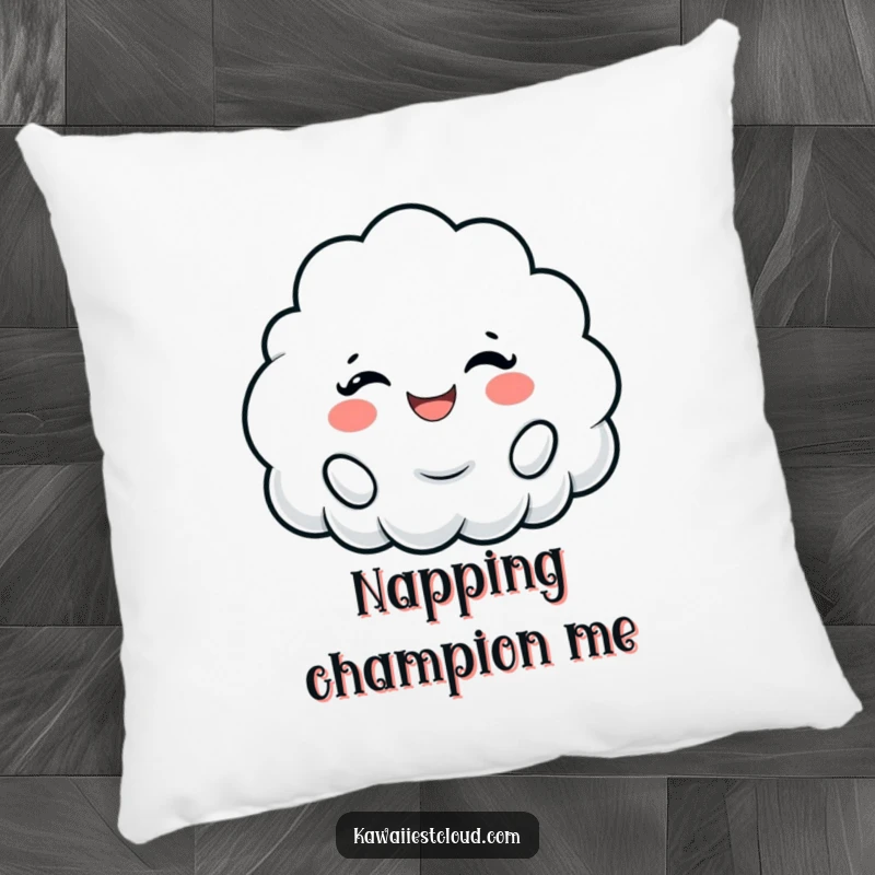 Funny pillow featuring a plush cloud character cheering with a wide, fluffy smile, perfect for cozy relaxation.