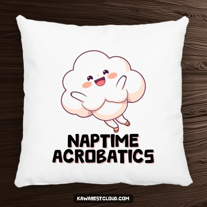 Funny Pillow featuring a delighted cloud character performing a playful somersault in the sky, perfect for adding soft comfort and humor.