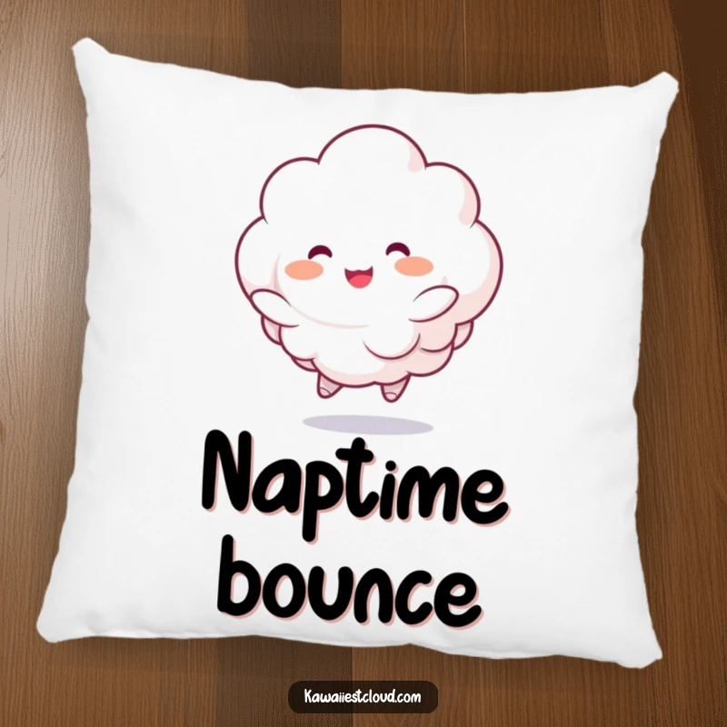 Funny pillow featuring a fluffy cloud character joyfully bouncing with rosy cheeks, perfect for adding cozy cheer and humor.