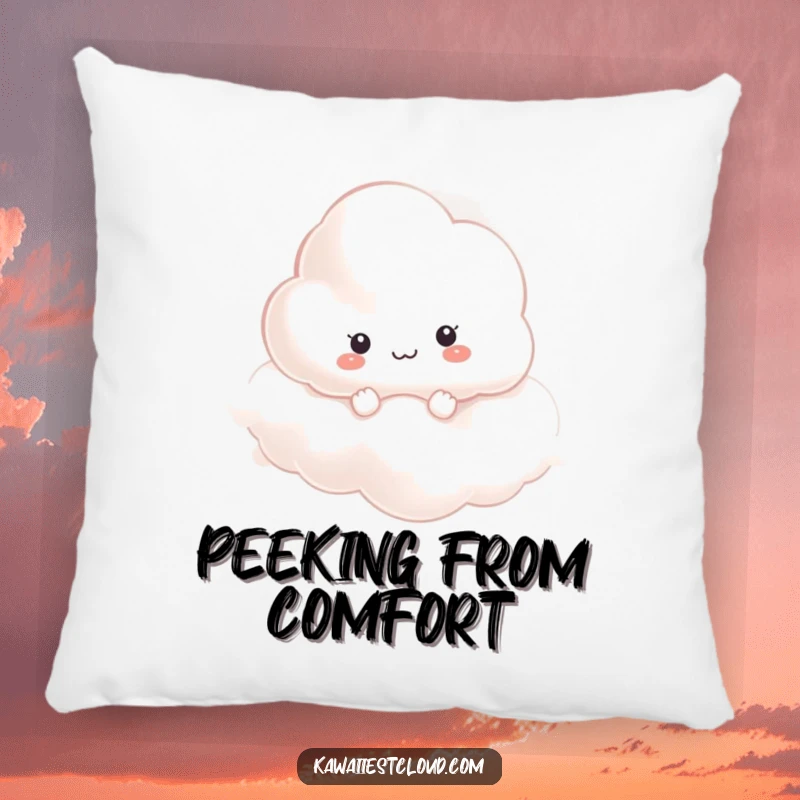 Funny curious cloud character peeking from mist on a plush pillow, adding comfort and humor.