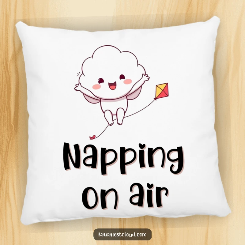 Funny pillow showing a smiling cloud character joyfully riding a kite, perfect for cozy, lighthearted moments.