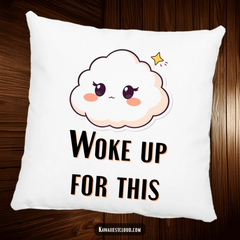 Funny pillow featuring a cloud character with surprised eyes, watching a tiny shooting star, creating a cozy and magical atmosphere.