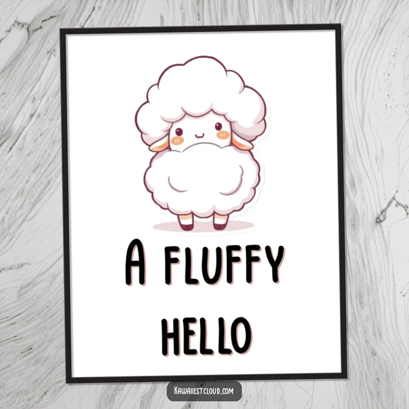 Funny digital art print depicting a playful cloud character gently bumping into a fluffy white sheep, creating a heartwarming and humorous scene.