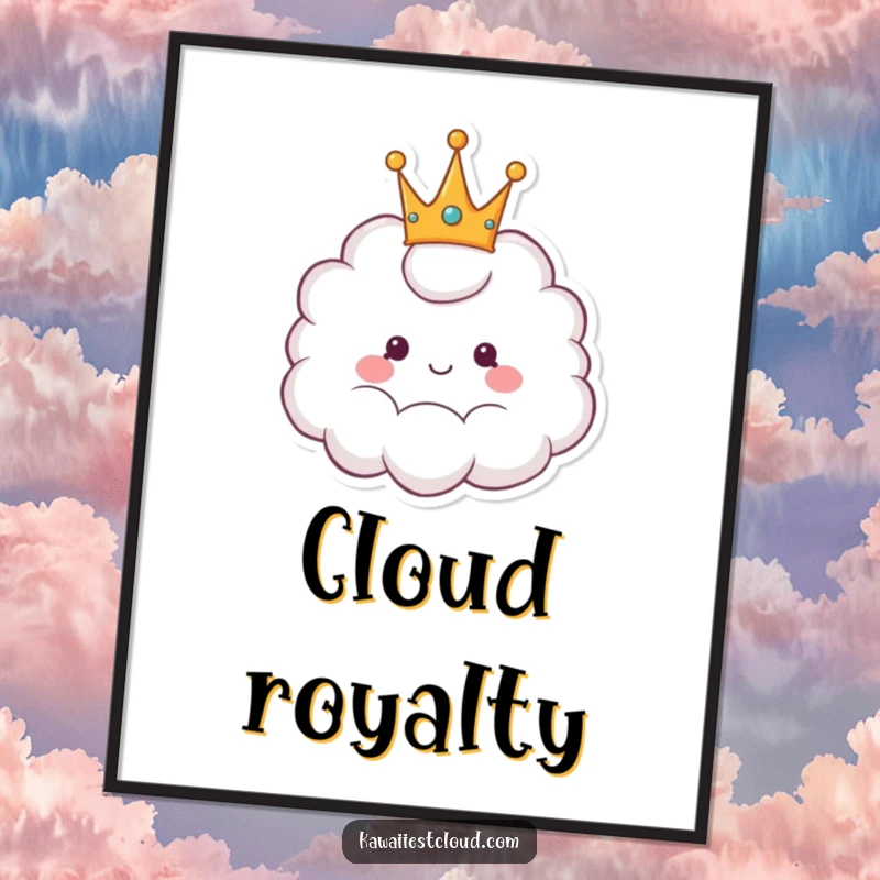 Funny digital art of a happy cartoon cloud wearing a fluffy crown, perfect for instant regal and humorous decor.