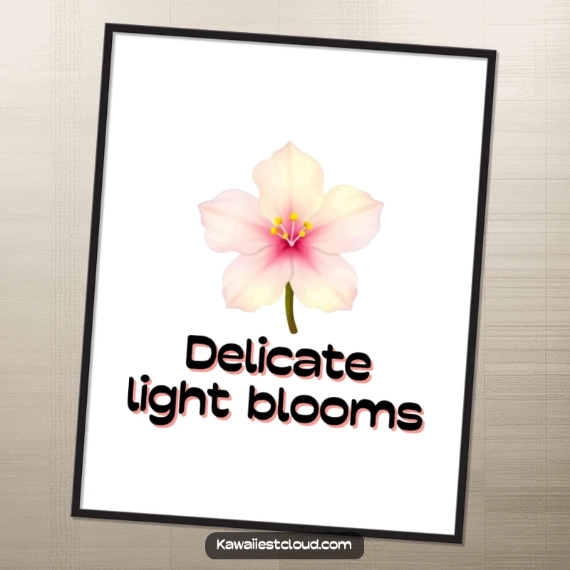 Funny tiny glowing blossom digital art print with delicate translucent petals, offering enchanting and humorous decor.