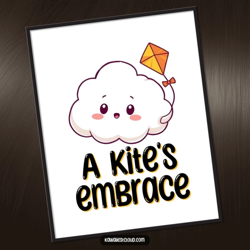 Funny digital art print depicting a cloud character with wide eyes, surprised as a friendly kite playfully weaves through its soft, ethereal body.