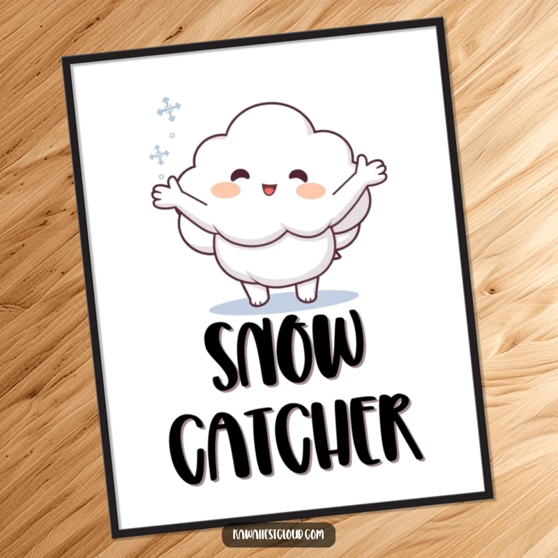 Funny digital art of a cartoon cloud with open arms reaching to catch a snowflake, capturing winter's delightful essence.