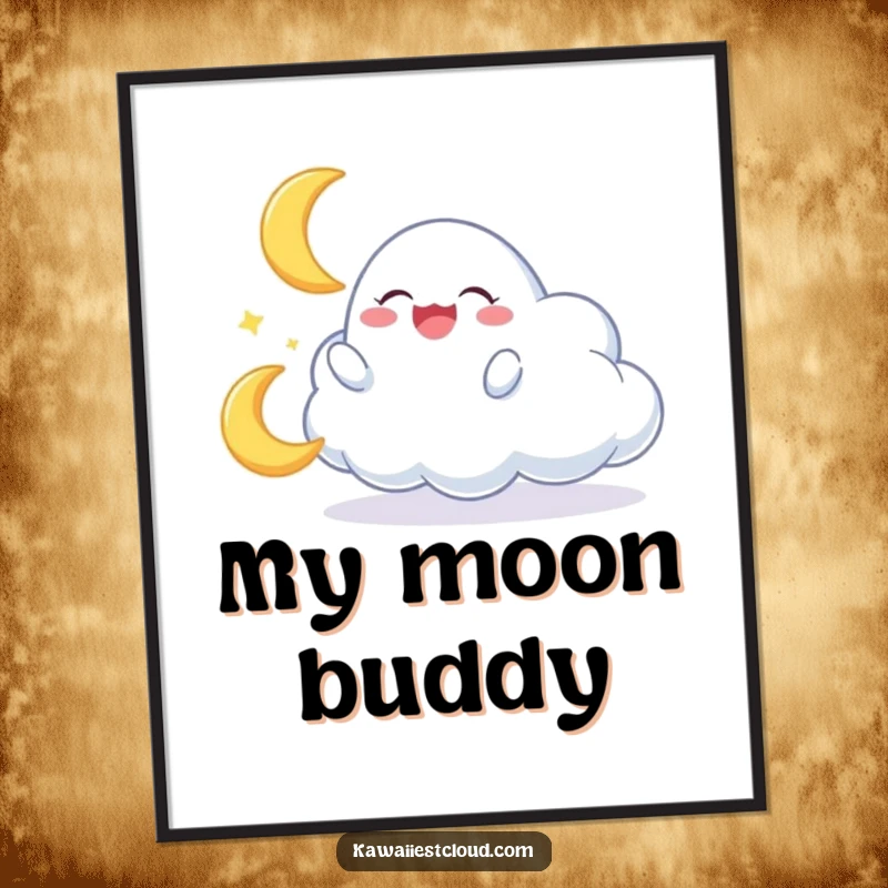 Funny digital art print of a cloud character gleefully playing with a miniature, giggling crescent moon in a whimsical scene.