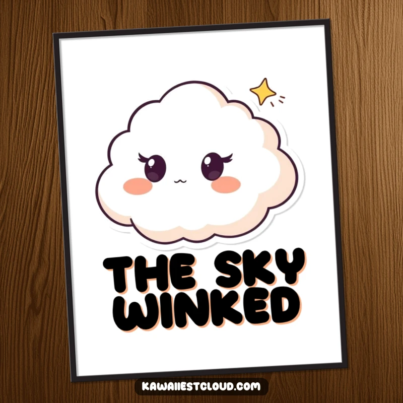 Funny digital art print of a cloud character with surprised eyes, watching a tiny shooting star, bringing instant wonder.