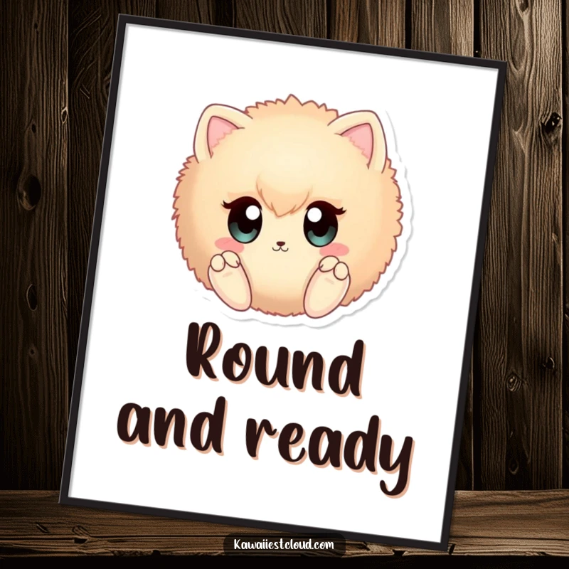 Funny fuzzy sphere digital art print with large curious eyes and tiny paws, offering humorous and cute decor.