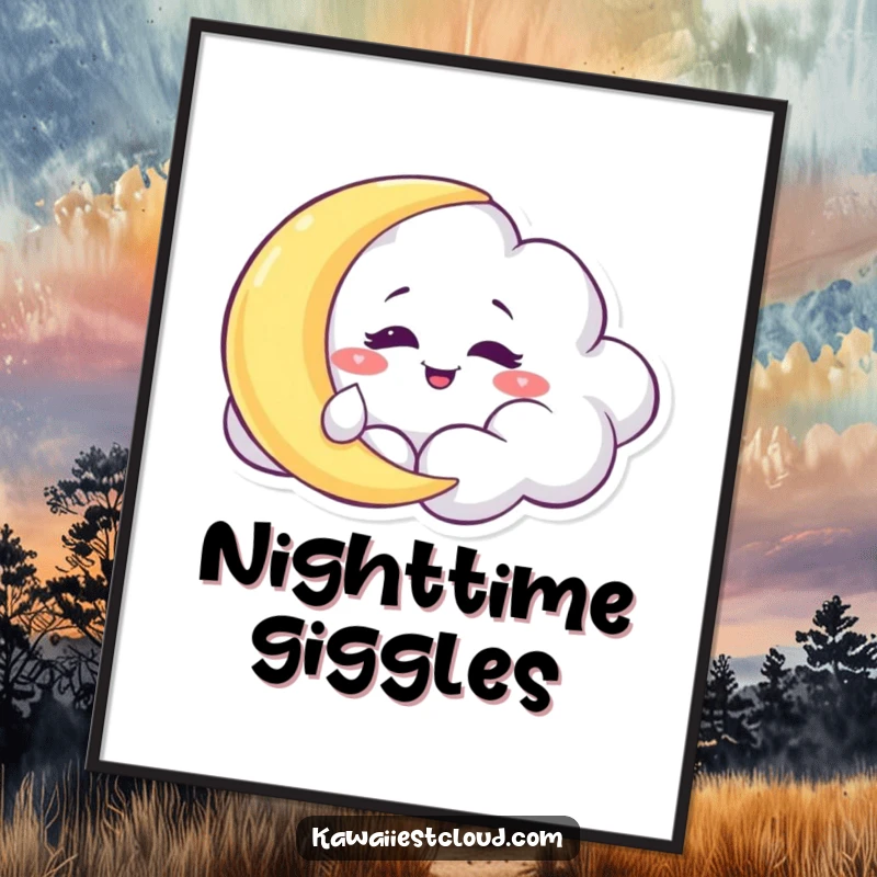 Funny Digital Art Print: A mischievous cloud character playfully tickling a sleepy moon in the night sky.