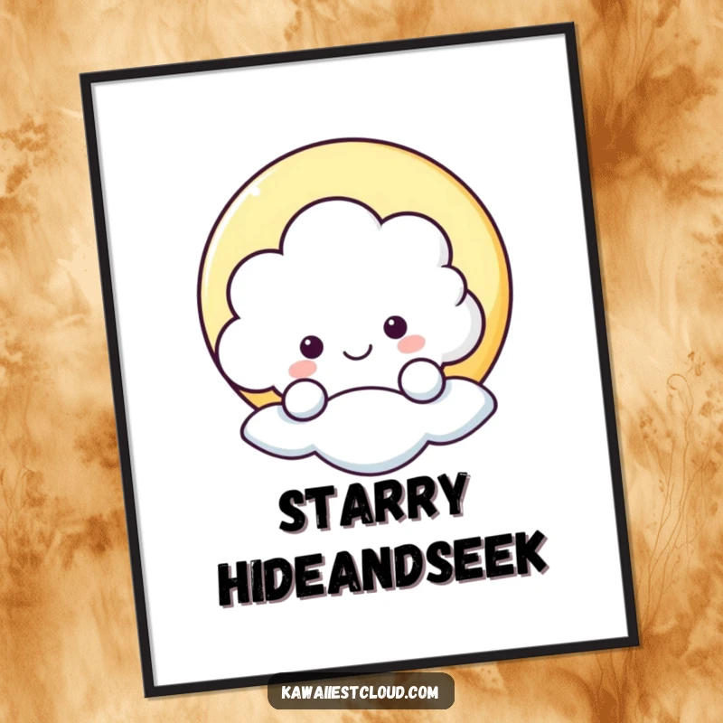 Funny digital art print of a happy cloud character peeking from behind a star, offering instant cheer and humor.