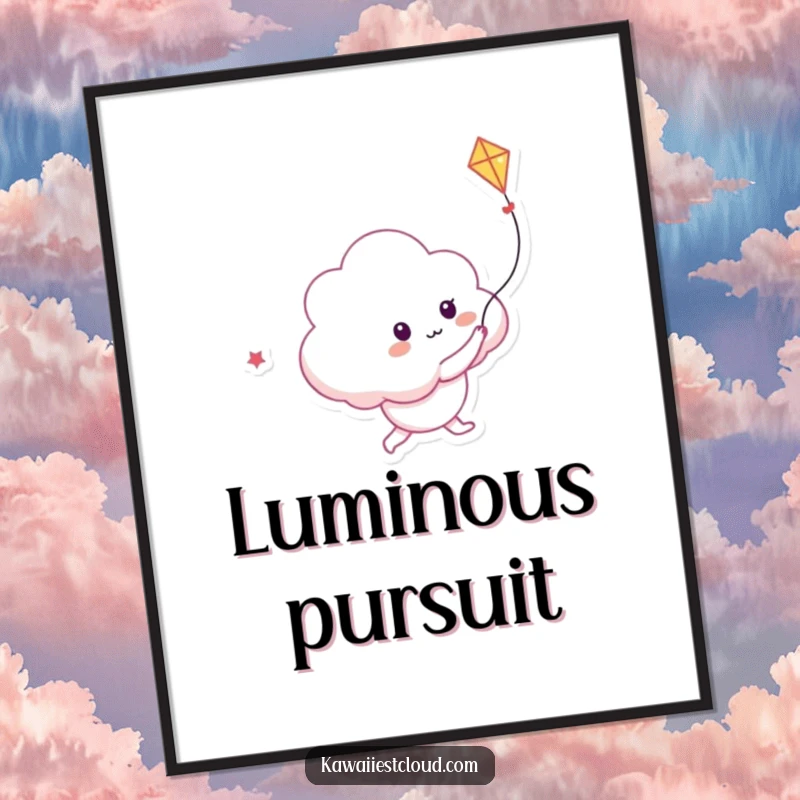 Funny digital art print of a playful cloud character chasing a kite made of radiant light, conveying joy and wonder.