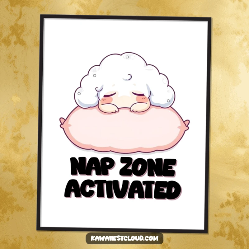 Funny digital art print of a cloud character napping on a fluffy pillow, offering instant peace and humor.