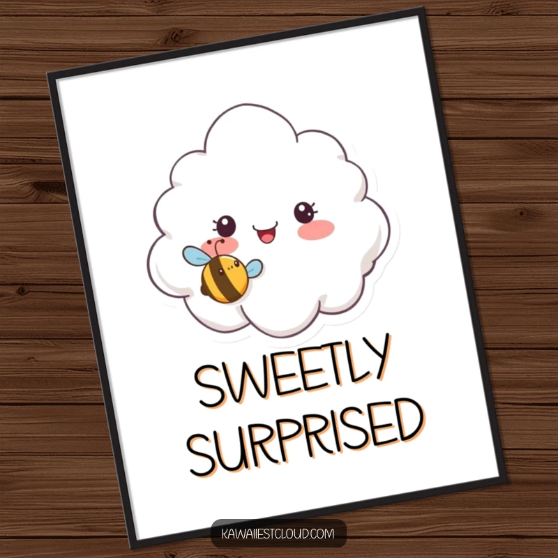 Funny digital art print of a surprised cloud character reacting to a tiny, smiling bee buzzing humorously, perfect for decor.