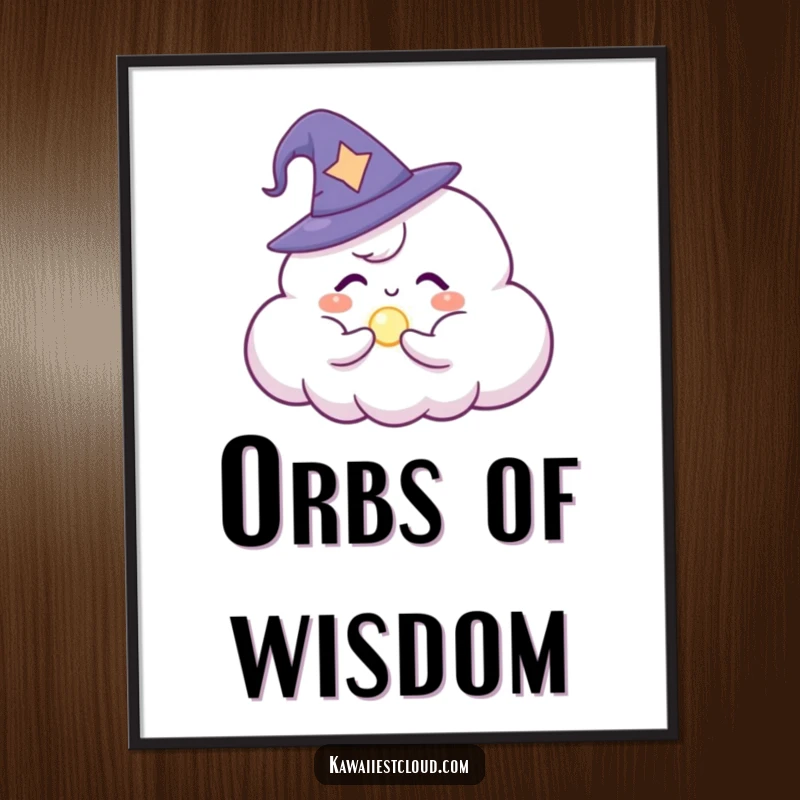 Funny Digital Art Print: A cloud character in a wizard hat conjuring a small, radiant magic orb.
