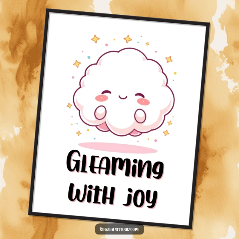 Funny Digital Art Print of a fluffy cloud character joyfully raining tiny, colorful sparkles, creating a vibrant and happy atmosphere.