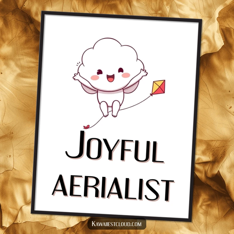 Funny digital art print of a delighted cloud character soaring on a kite, arms spread wide in joy.
