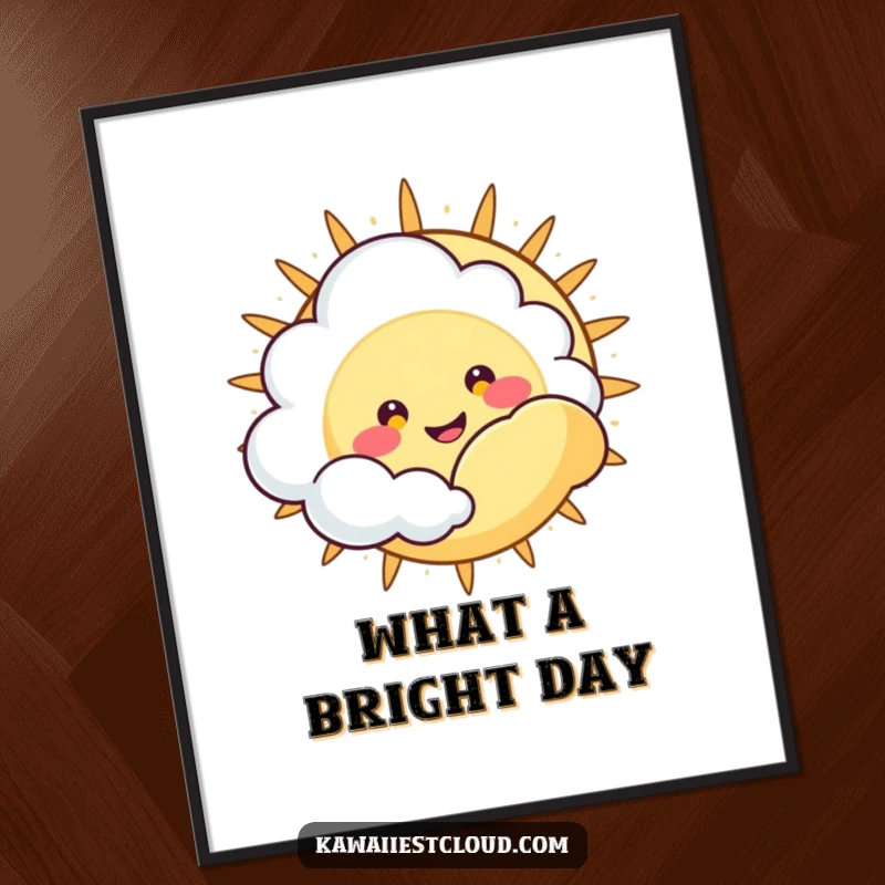 Funny Digital Art Print: Cute cloud character with a happy, wide grin peeking from behind a large sun, full of joy.