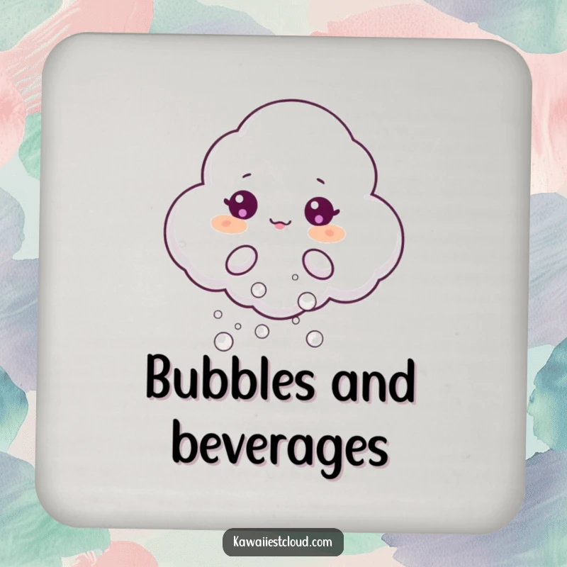 Funny drink coaster showing a beaming cloud character puffing out tiny, shimmering bubbles, bringing a touch of playful magic and humor.