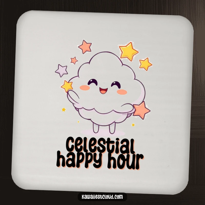 Funny drink coasters featuring a grinning cloud juggling bright stars, adding a touch of cosmic fun.