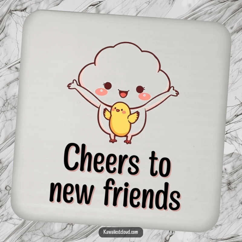 Funny coaster featuring a kind cloud character with outstretched arms, welcoming a small bird, adding gentle protection.