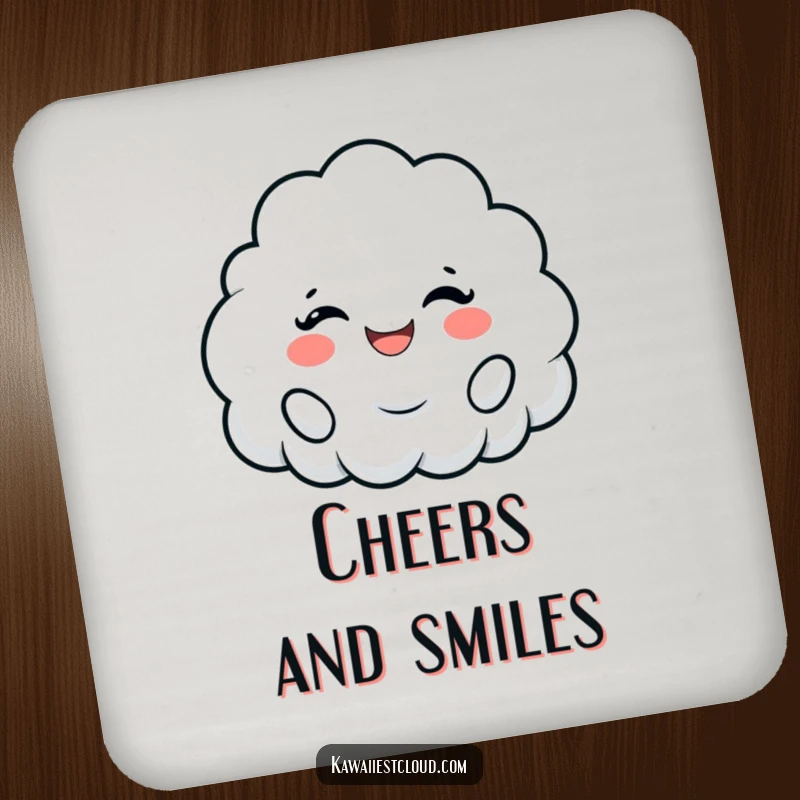 Funny drink coaster featuring a cloud character cheering with a wide, fluffy smile, bringing joy to any table.