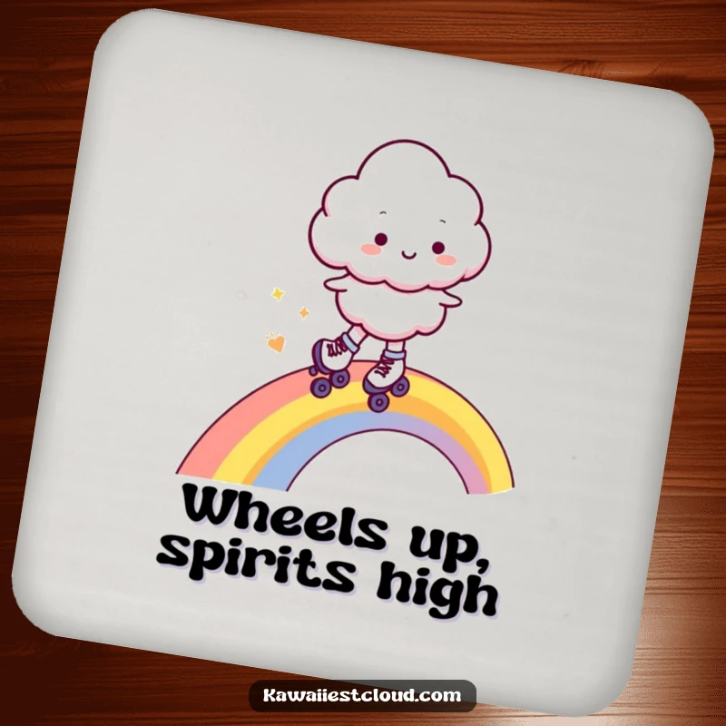 Funny drink coaster featuring a cheerful cloud character wearing tiny roller skates, zipping along a bright rainbow, protecting surfaces with style.