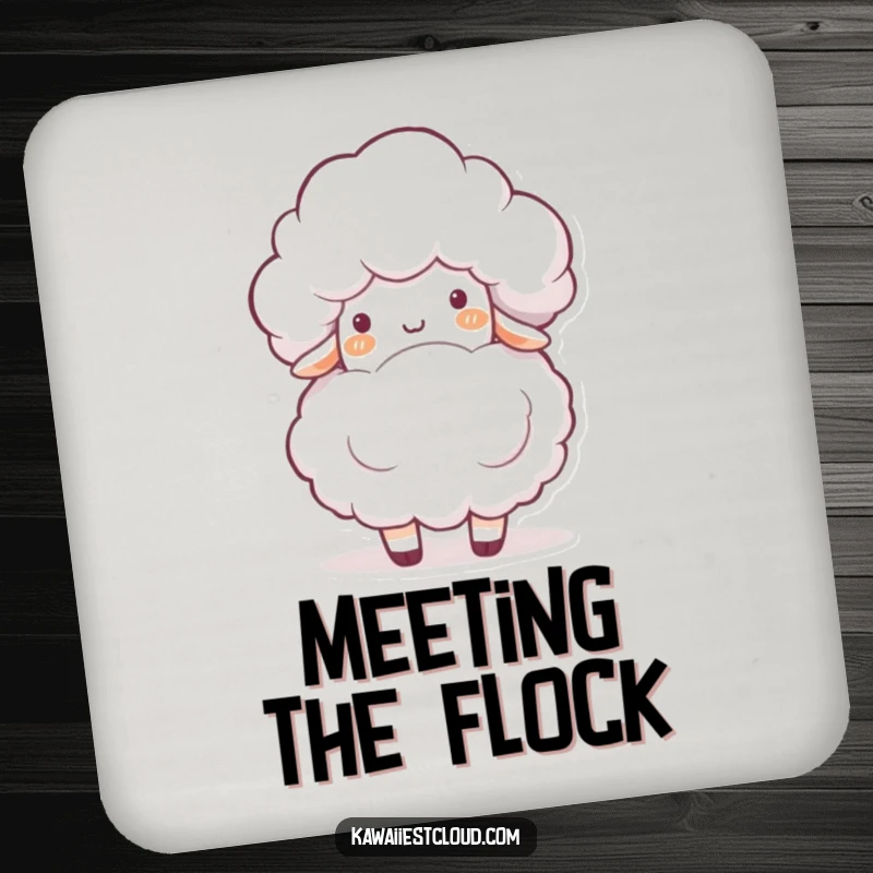 Funny drink coaster showing a playful cloud character gently bumping into a fluffy white sheep, adding a touch of sweet humor.