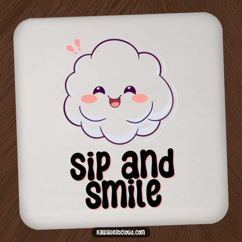Funny drink coaster with a cheerful cloud character letting out a happy sigh, offering playful protection for surfaces.