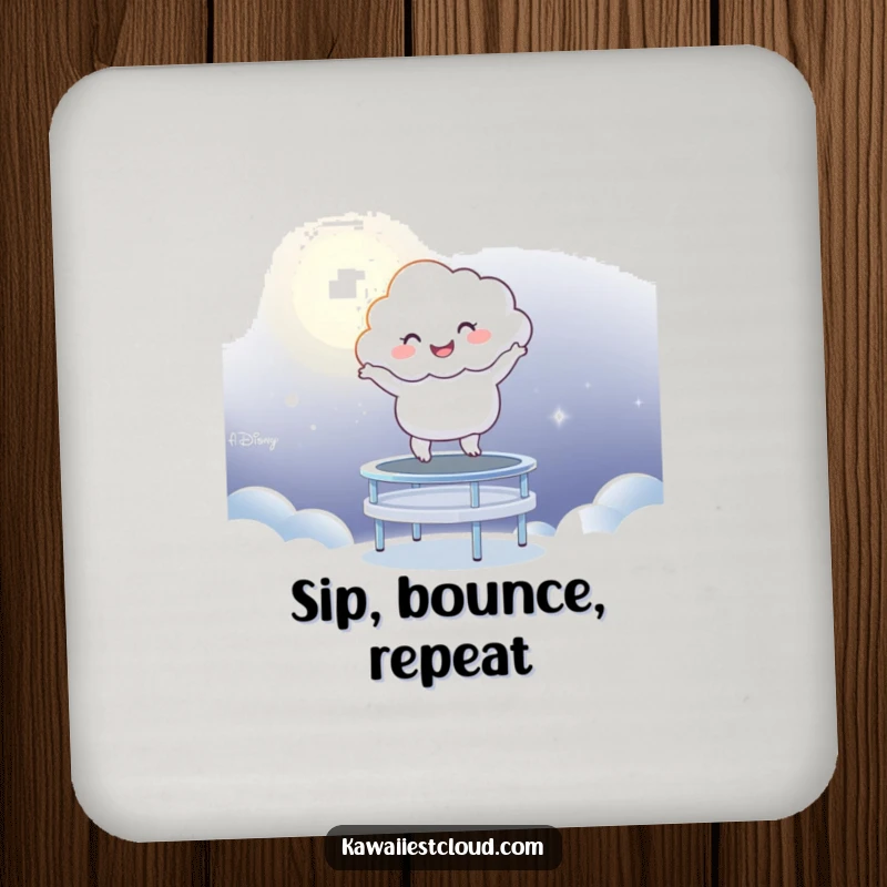 Funny Coaster: A happy cloud character mid-leap on a trampoline crafted from shimmering moonlight, protecting surfaces with joy.