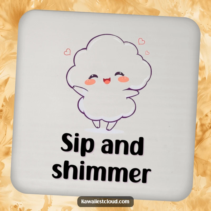 Funny delighted cloud character dancing with a shimmer on a drink coaster, protecting surfaces joyfully.
