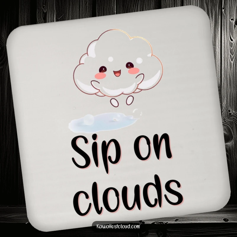Funny coaster featuring a happy cloud character joyfully bouncing on a shimmering, ethereal surface, guarding drinks with charm.