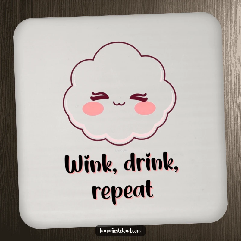 Funny coaster featuring a cartoon cloud with rosy cheeks winking slyly, adding mischievous charm to surfaces.