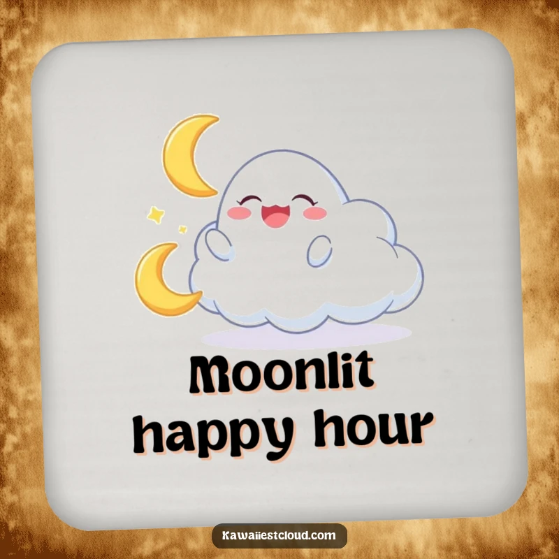Funny drink coaster featuring a cloud character gleefully playing with a miniature, giggling crescent moon, adding celestial charm.