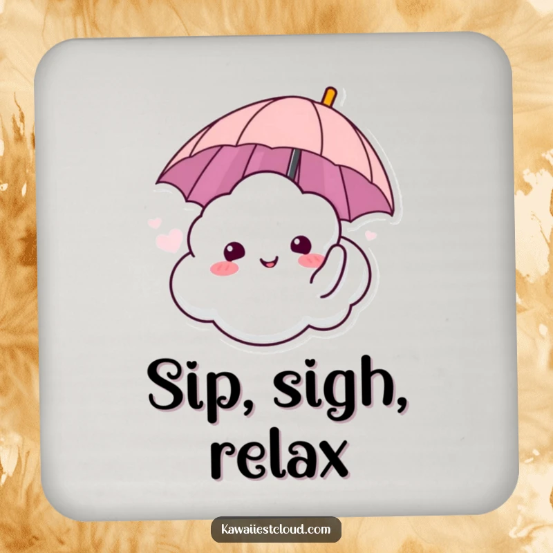 Funny drink coaster with a cloud character sighing happily with an umbrella, protecting surfaces with calm humor.
